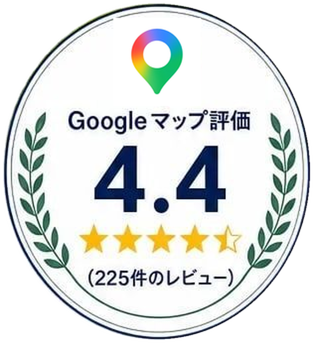 Googleマップ評価4.4、225件のレビュー